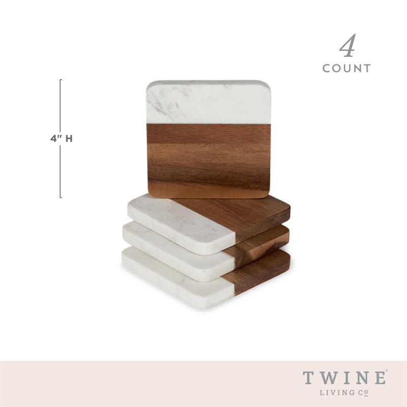 Twine Marble and Acacia Coasters, Modern Square Coasters, Acacia Wood, Marble, Protect Tables and Surfaces, Set of 4 - Image 3